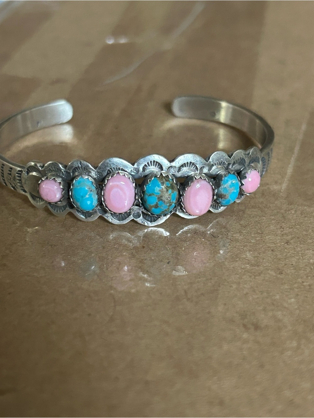 Russell Sam Sterling Silver Pink and Turquoise Stone Cuff Bracelet